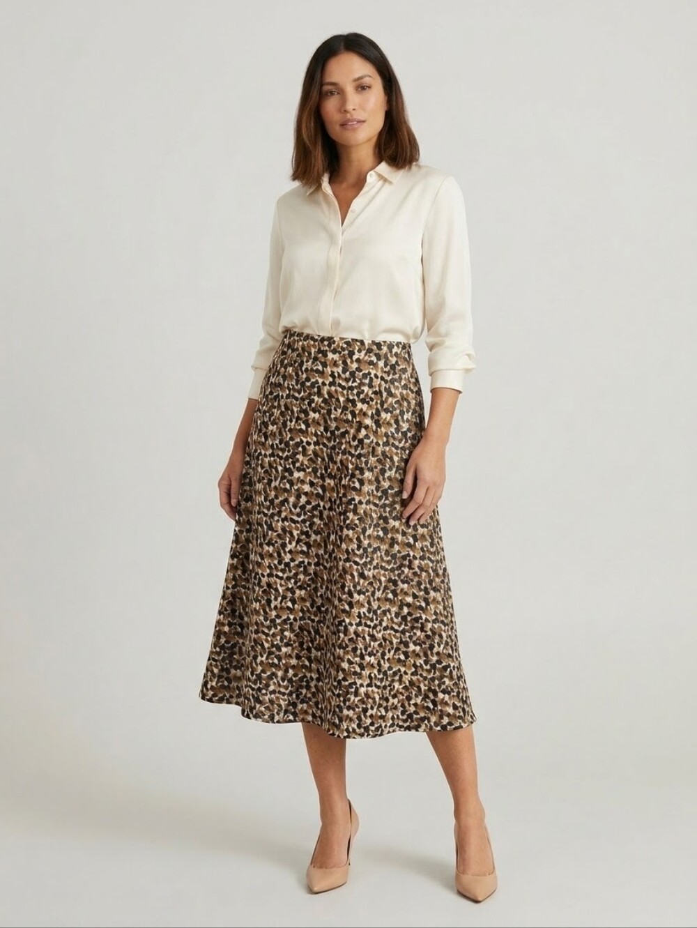 Talbots Vintage 90s Linen Silk Leopard Print Midi Skirt Brown 12 Petite